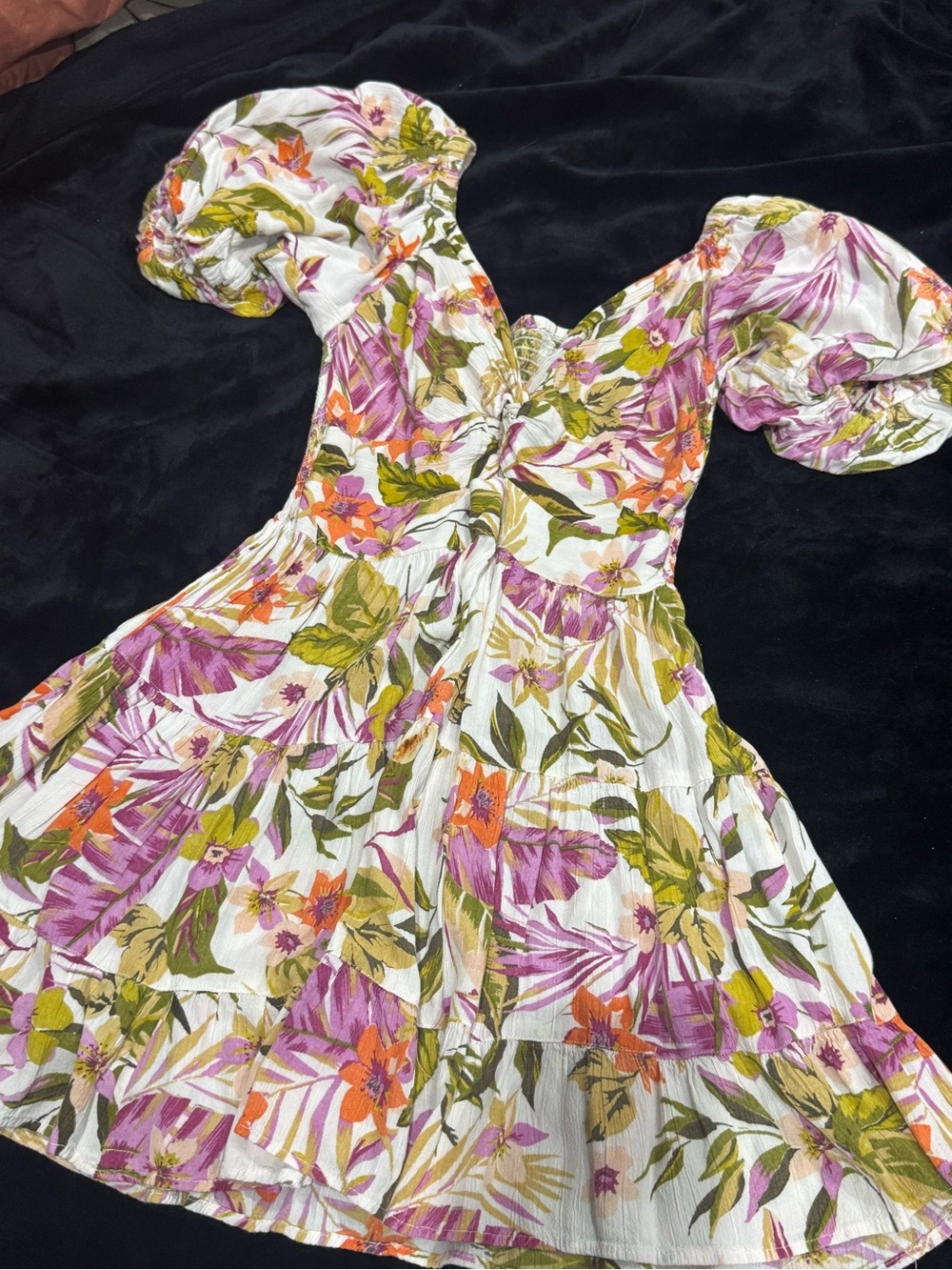 Tropical Floral Puff Sleeve Tiered Mini Dress